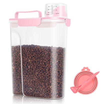 Pet Dog Cat Food Storage Container 5 to 7 lbs with Can Cover and Mixing Spoon, Airtight Pet Food Storage Dispenser with Large Spout & Measuring Cup for Kibble Dog Treat Bird Seed Container -Pink - color: Pink 6Qt