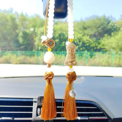 Buddha 백미러 액세서리 걸이용 참, 태슬이 있는 연민의 보살 자동차 걸이 장식, 여성/남성을 위한 귀여운 자동차 액세서리, Fo Bao Ping an - color: 골드.