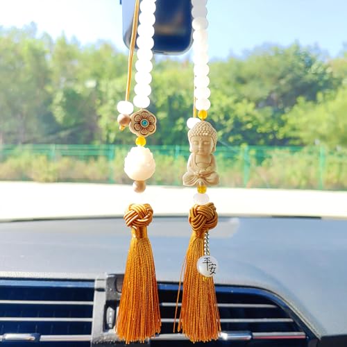 Buddha Rear View Mirror Accessories Hanging Charms, The Bodhisattva of Compassion with Tassels Car Hanging Ornament, Cute Car Accessories for Women/Men, Fo Bao Ping an - color: Gold