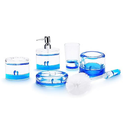 5 Piece Acrylic Liquid 3D Floating Motion Bathroom Vanity Accessory Set Ocean Cartoon Animal Theme Dolphin Toothbrush Holder, Tumbler, Soap Dispenser, Soap Dish, Toiletbrush Holder Set - size: 5-piece, style: Dolphin