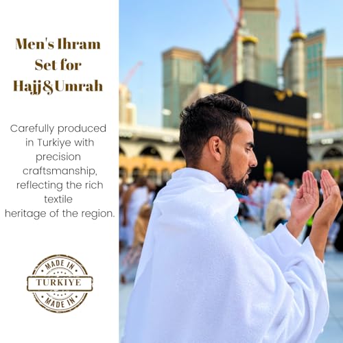 Islamic Men's Ihram Set for Hajj Umrah 100% Cotton umrah Towel with Belt Kufi and Tawaf Beads for Muslim Men 43X86 inch (110 x 220 cm)