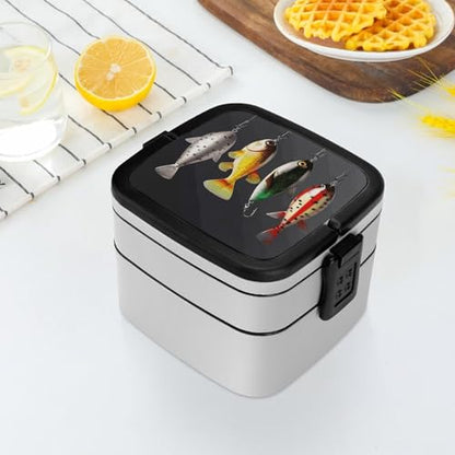 Various Type of Fishing Baits Lunch Box Snack Containers with Lids, 2 Compartment Snackle Box Container, Leak-Proof Reusable Food Storage Container for Travel, Meal Prep, Camping, 1000ml