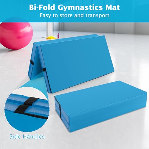 Giantex 4" Thick Folding Gymnastics Mat, 4' x 4' Bio-Folding Exercise Mat with Carry Handles & PU Leather Cover, Gym Home Tumbling Mat for Kids, Yoga, Fitness, Pilates & Martial Arts - color: Blue