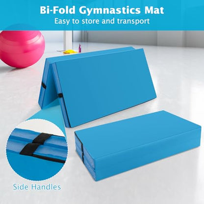 Giantex 4" Thick Folding Gymnastics Mat, 4' x 4' Bio-Folding Exercise Mat with Carry Handles & PU Leather Cover, Gym Home Tumbling Mat for Kids, Yoga, Fitness, Pilates & Martial Arts - color: Blue