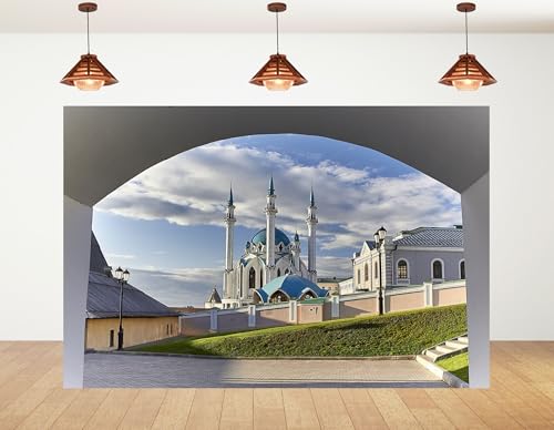 10x10ft Blue Dome Mosque Viewed Through Stone Arch Backdrop Islamic Architecture Photography Background Tapestry Party for Travel Events Home Wall Decorations Banner Photo Booth Props - size: 10x10ft