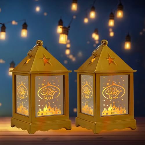 Hying 2 Pieces Ramadan Lanterns Decoration 5.2" Height Holiday Hanging Lamp Eid Mubarak Flameless Candle Lanterns Ramadan Eid-ul-fitr Gift Lamp for Tabletop Decor - color: Style 8: Eid Lantern
