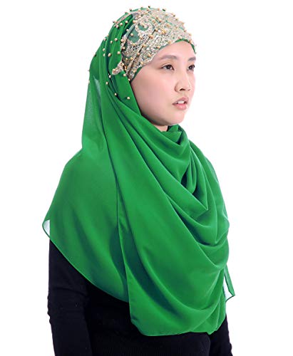 Lina & Lily Premium Chiffon Hijab Head Scarf Wrap with Gold Sequins Glitters Beads for Muslim Women - color: Emerald Green