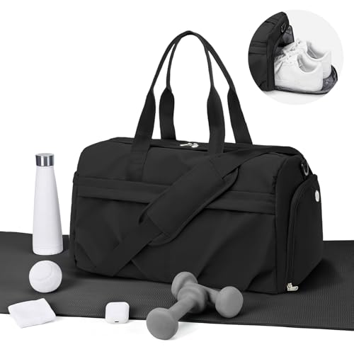 Gym Bag for Women Men with Shoe Compartment, Sport Duffel Bag, Waterproof Travel Weekender Overnight Carry on Bag for Yoga with Trolley Sleeve, Black - color: A-Black
