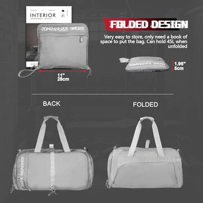 Gym Bag with Shoe Compartment – Packable Duffle Bag, Small Gym Bag for Women and Men, Foldable Waterproof Sports Duffel for Travel, Workout, and Sneakers, Grey - size: Grey