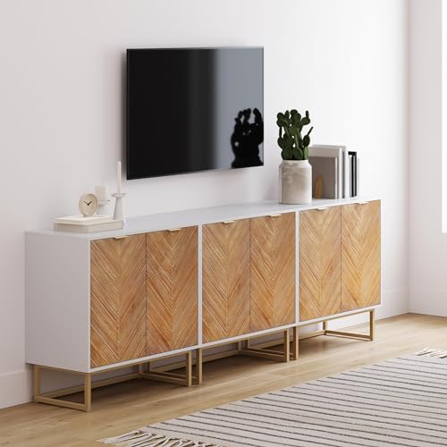 Nathan James Enloe Modern Storage Free Standing Accent Cabinet TV Stand with Doors in a Rustic Pine Wood Finish and Gold Metal Base for Hallway, Entryway or Living Room, Brown/White/Gold, Set of 3 - color: Matte White-natural Wash-pale Gold, size: Set of