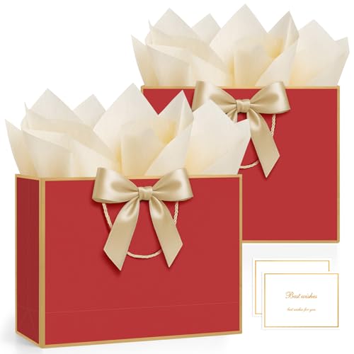 ANZNKU 2PCS Red Gift Bags for Women, Medium Gift Bags with Handles 4 Tissue Paper 2 Ribbons 2 Cards for Birthday Wedding Graduation Bridal & Baby Shower Engagement Presents Party Favors Wrapping - color: Crimson Red