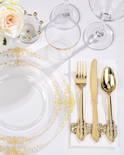 Nervure 175PCS Clear Gold Plastic Plates - Gold Disposable Dinnerware Set for 25 Guests Include 50 Disposable Plates, 75 Plastic Silverware, 25 Cups, 25 Napkins for Wedding & Party - color: Clear, style: 175Pcs(25Guests)