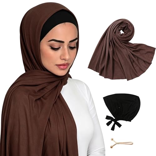 Hijab Scarf for Women, 3PCS Set with Undercap and Hijab Clip Lightweight Modal Muslim Head Wrap Scarf for Daily - color: Sy10-coffee Hijab+black Undercap