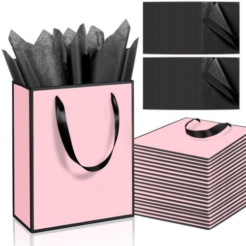 Epoesch 24 Pack Gift Bags with Handles & 24 Tissue Papers – 8x5x10 Inches - color: Pink Black, size: 1 Count (Pack of 24)
