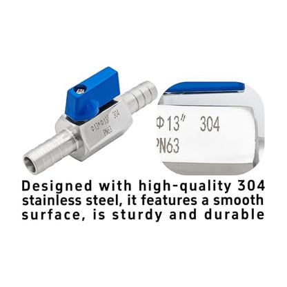 1/2” 304 Stainless Steel Mini Barb Ball Valve, Hose Shut Off Valve with Clamps, Corrosion Resistant Shut-Off Switch for Water, Gas, Fuel, Drip Irrigation - size: 1/2”