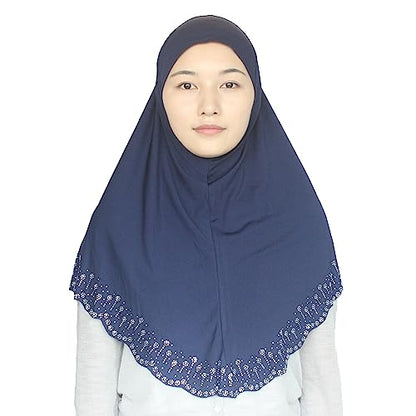 Instant Hijab Scarf for Women Muslim Women Clothing Headscarf for Girls with Czech Rhinestone - color: Navy Blue-wavy Edge