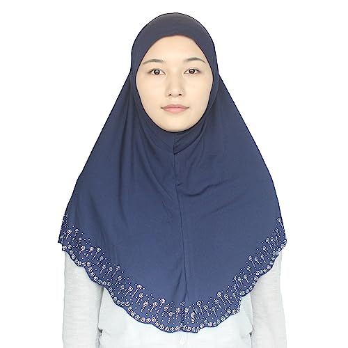 Instant Hijab Scarf for Women Muslim Women Clothing Headscarf for Girls with Czech Rhinestone - color: Navy Blue-wavy Edge