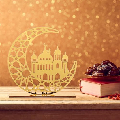 2 Pieces Acrylic Ramadan Decorations Islamic Eid Mubarak Kareem Table Sign Moon Hollow Star Ornament for Muslim Party Tabletop Decor Home Art Craft Decoration Golden Moon - style: House Ramadan