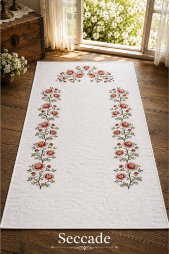 5-Piece Traditional Cross-Stitch Prayer Rug Set | Red | 27.5 x 43.3 inches | Includes Embroidered Rug, Pouch, Quran Cover, Towel & Prayer Beads | appropriate for Dowry & Wedding Gifts - Red, 28x43 inc