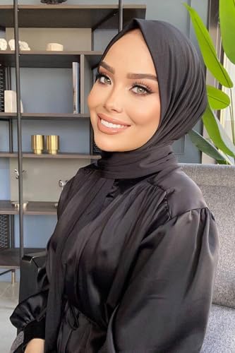 Instant Hijab Scarf for Women – Soft, No-Iron, No-Pins, Ready-to-Wear Hijab – Stretchy & Lightweight Polyester Fabric - color: C1 Black