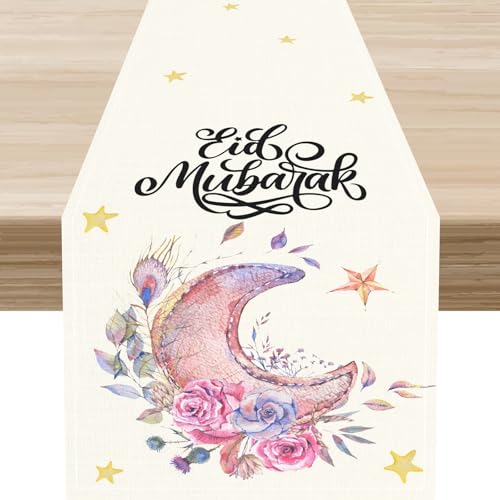 Ramadan Eid Table Runner,Rustic Pink Moon Boho Flowers Stars Ramadan Eid Star Mubarak Table Center Decor for Kitchen Family Holiday Party Indoor Outdoor, 13"x36" - color: Ramadan-7, size: 13"X36"