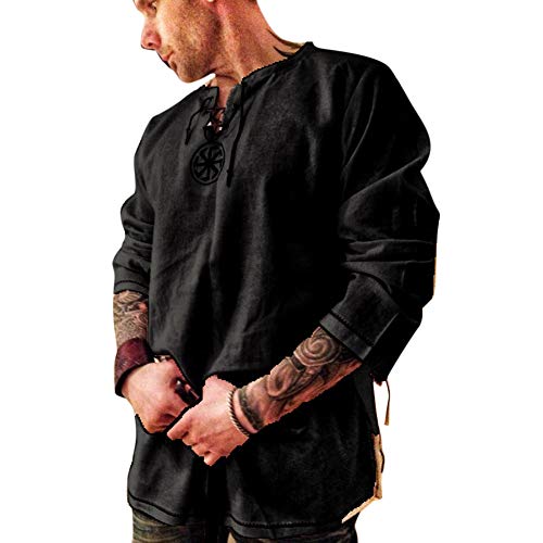 Rela Bota Men's Cotton Shirt Medieval Viking Tunic Renaissance Costume - color: Black, size: XX-Large