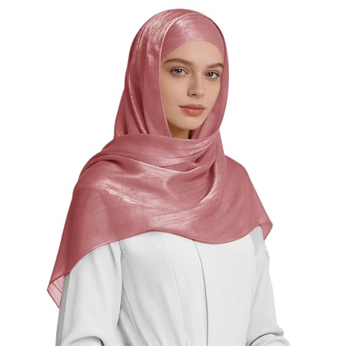 Premium Hijab Head Scarf for Women Lightweight Shimmer Hijab Head Wrap Scarves Crepe Satin Scarf Shawl Wrap - color: Rosy