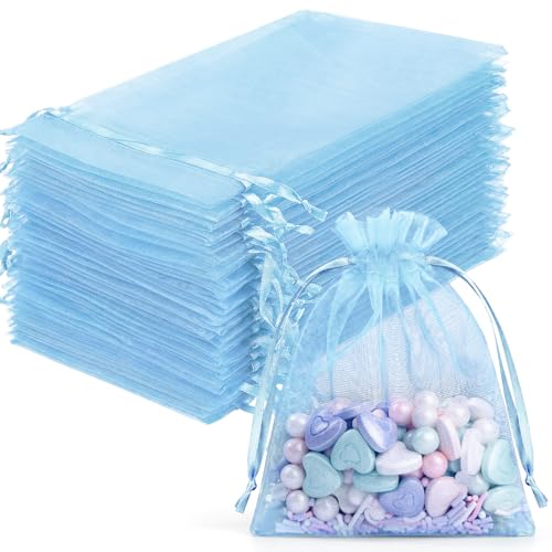 FUNFERY 100Pcs Baby Blue Organza Bags 3x4 in,Small Mesh Drawstring Gift Bag - color: Baby Blue-3"x4"