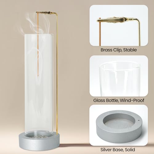 Incense Holder for Sticks, Anti-Ash Flying Incense Burner with 30 Incense Sticks, Detachable Glass Ash Catcher - color: Sliver
