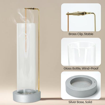 Incense Holder for Sticks, Anti-Ash Flying Incense Burner with 30 Incense Sticks, Detachable Glass Ash Catcher - color: Sliver