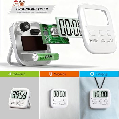 2 Pack Digital Timer for Kids Classroom Kitchen Timers for Cooking | w/ Battery, Easy to View, Alarm, Mute Mode, Count Down/Up, Magnetic, Kickstand, Hanging, Classroom Timer for Teacher Supplies - color: Pure White *2