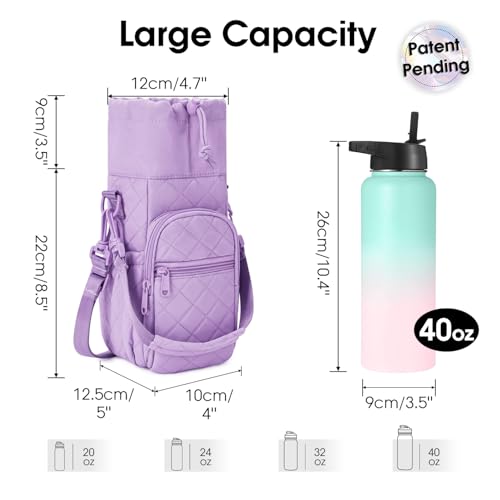 sportsnew 40oz Insulated Crossbody Water Bottle Bag Gym Hiking Phone Pocket | Water-resistant Lining, Padded Strap, Top Handle, Drawstring, Phone Pocket, Elastic Slots, Built-In Key Clip for Gym Walking - color: Quilt Purple