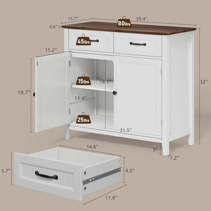 Bealife 32" Buffet Cabinet, Kitchen Island with Storage - Retro | Coffee Bar Cabinet with 2 Drawers and Adjustable Shelf, for Dining Room, Living Room, Entryway - color: Retro