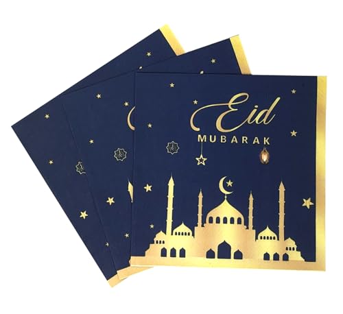 24 Pcs Ramadan and Eid Crescent Moon Party Napkins Ramadan Kareem Eid Mubarak Disposable Napkins, Arabic Design Themed Paper Napkins for Eid Al-Fitr Party Decorations, 6.5" 2-Ply(Blue)