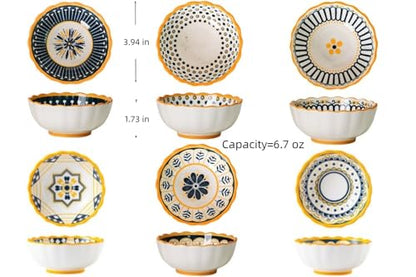 6 Pack 3 oz Small Soy Sauce Dish Ceramic Dipping Sauce Bowls | Moroccan Style/Yellow/Cute/Mini Dipping Bowls for Sushi,Side Dish,Ketchup,Dips,Condiment,Snack/BBQ Party/Stackable - color: Yellow