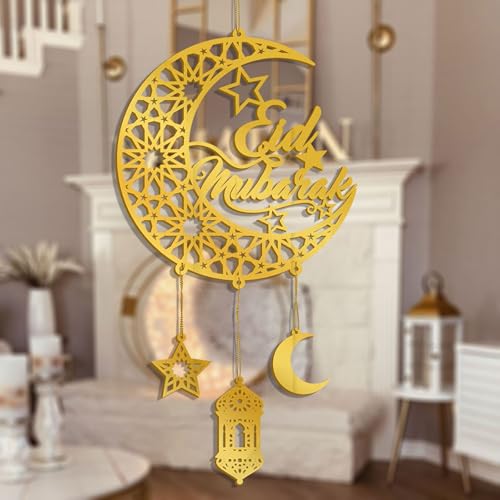 FUNCATCHER Ramadan Decorations for Home - 8.5x8.5 Inch Golden Acrylic Crescent Moon Hanging Ornaments, Islamic Eid Wall Door Decor (1, B)