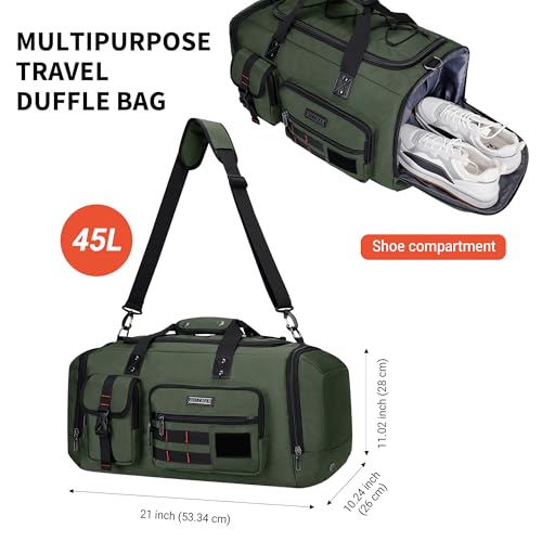 WITZMAN Travel Duffel Bags for Men Large Carry On Weekender Overnight Bag 3 in 1 Backpack with Shoe Compartment (B693 Army Green） - color: Army Green