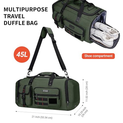 WITZMAN Duffle Bag for Men 3 in 1 Convertible 45L Nylon Gym Travel Backpack | Multi-pockets with Shoe Compartment and Dry-wet Pocket, One Duffel Bag for Sports, Weekender, Overnight, B693 Army Green - color: Army Green