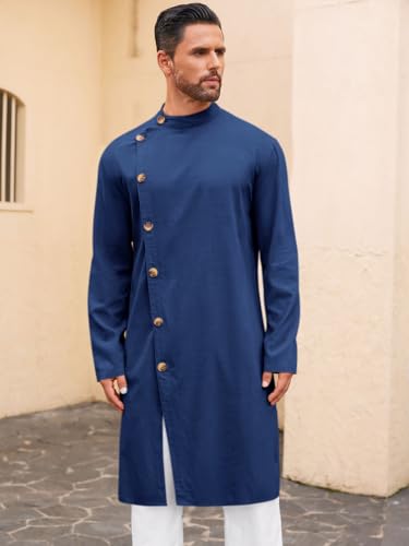 Runcati Mens Kaftan Thobe Button Down Long Sleeve Robe Casual Henley Shirt Cotton Muslim Gown Kurta Tops - color: Navy, size: X-Large