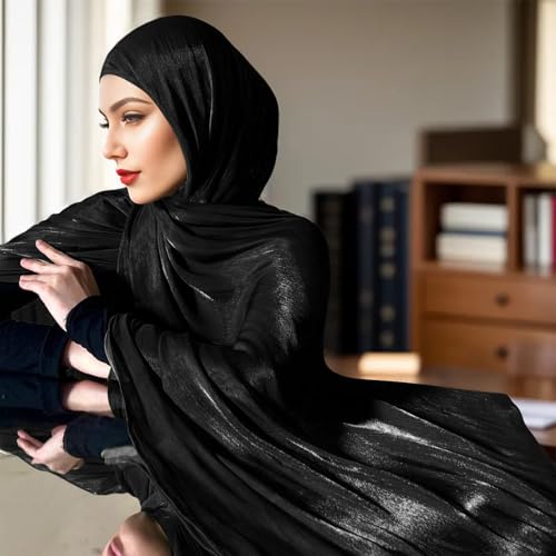 Premium Hijab Head Scarf for Women Lightweight Shimmer Hijab Head Wrap Scarves Crepe Satin Scarf Shawl Wrap - color: Black