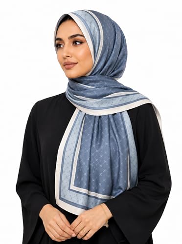 Satin Hijab Scarf for Women, Silk-Feeling Muslim Headscarf, Digital Bow Letter Print Head Wrap Shawl for Summer - color: Haze Blue