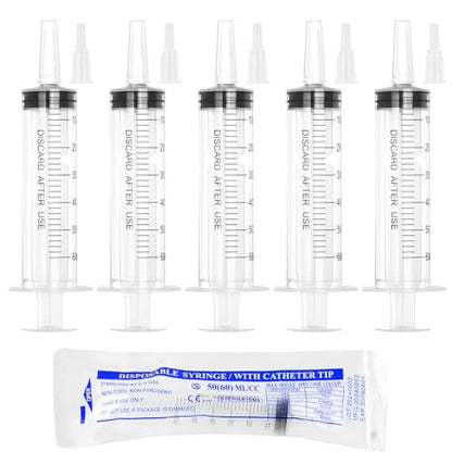 60ml Syringe for Liquid,5 Pack Large Plastic Syringes with Adapters and Cap,Individually Sealed Syringe for Feeding,Irrigation Water and Scientific Labs - size: 60ML