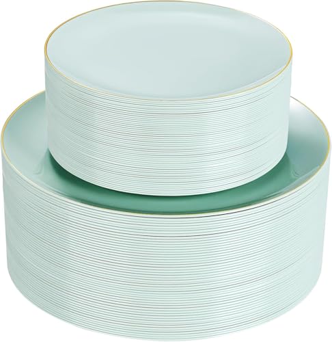 PULOTE 100PCS Sage Green Plastic Plates - Disposable Sage Green Include 50 Dinner / 50 Dessert Plates for Party, Wedding&Easter - color: Sage Green