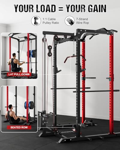 C1-V4 Power Cage, 2000LBS Squat Rack with LAT Pulldown, Multi-Function Weight Cage Strength Training Machine, Workout Cage with More Attachments for Home Gym Garage - style: RD Power Cage C1-V4