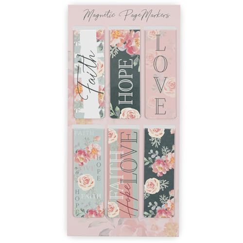 Christian Art Gifts Magnetic Scripture Bookmark Set for Men and Women: Faith, Hope, Love - 1 Corinthians 13:13 Inspirational Pink Rose Themed Magnetic Pagemarkers Set of 6 for Bibles, Size 2.3" x 0.8" - color: Faith Hope Love #2