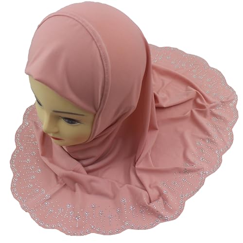 Girls Hijab with Rhinestones – Sparkly Non-Slip Amira Scarf for Kids, for Daily Prayer, School, Ramadan & Eid (Ages 4-12) - color: Dark Pink-wavy Edge