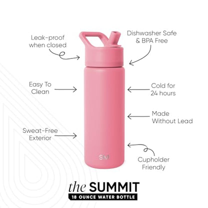 Simple Modern Insulated Water Bottle with Straw | 18oz | Pink | Summit Stainless Steel Water Bottles, Metal Cup | Leak Proof for School, Gym, Travel, Sports | Velvet Pink - color: -Velvet Pink, style: 18oz