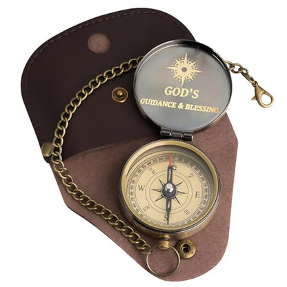 God's Guide & Blessing Compass, Trust in The Lord Compass, Wood Box Greeting, Inspirational Gift Men, Christian Boys Baptism Gifts, Graduation Day with Wooden Box - color: 4.Bronze Trust in The Lord PU Leather