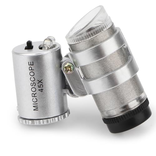 Rongon Small Magnifying Glass 45X Mini Pocket Microscope Jeweler Loupe Magnifier with 2 LED Lights for Jewelry Antiques