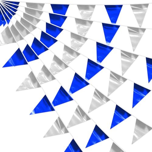 4P Blue Silver Party Decorations - Metallic Fabric Triangle Pennant Banner Flags - Indoor/Outdoor Bunting Garland for Birthday, Wedding, Graduation & Theme Parties - color: Blue Silver